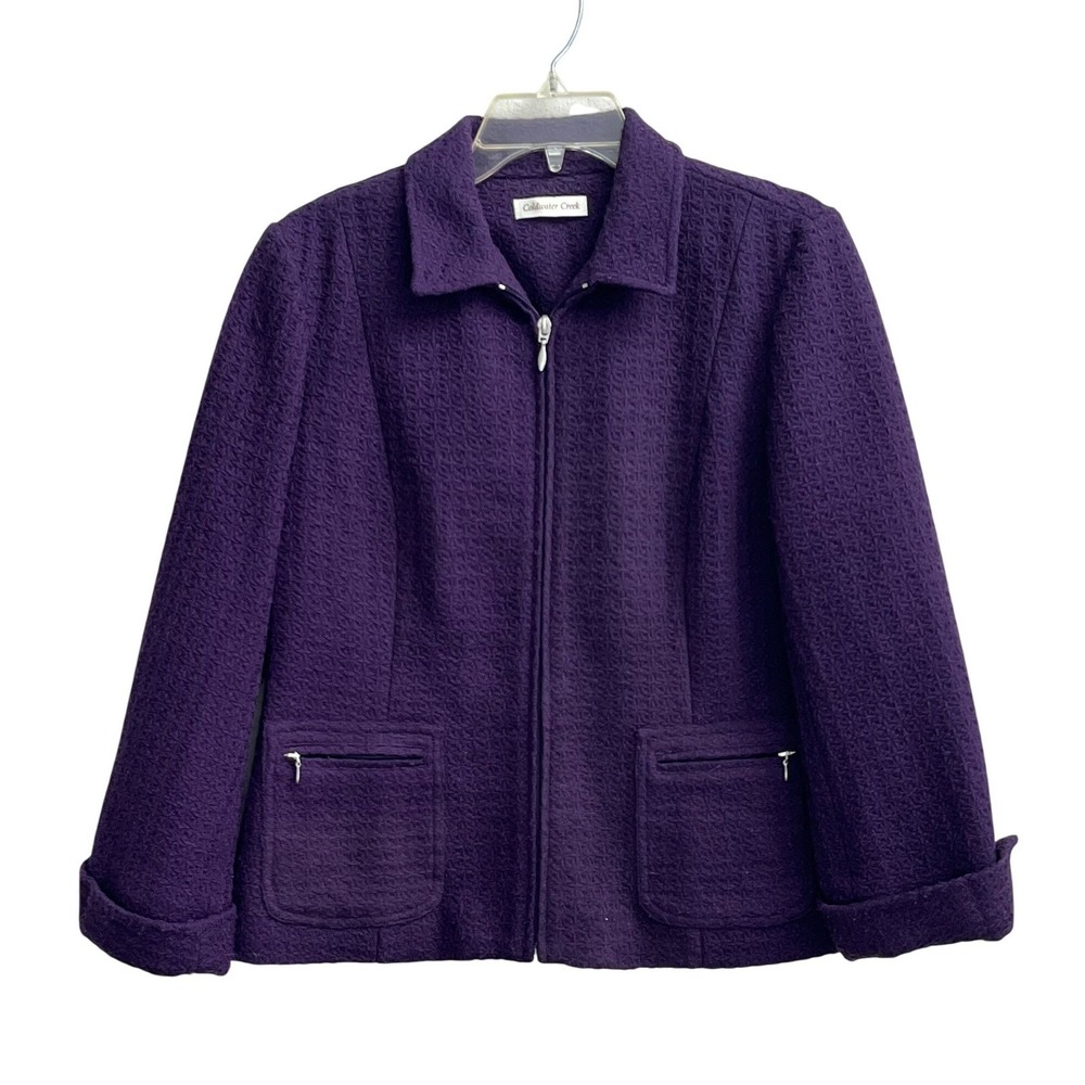 Coldwater Creek Purple Textured Knit Full Zip Jacket Petite 10 Collared Lined